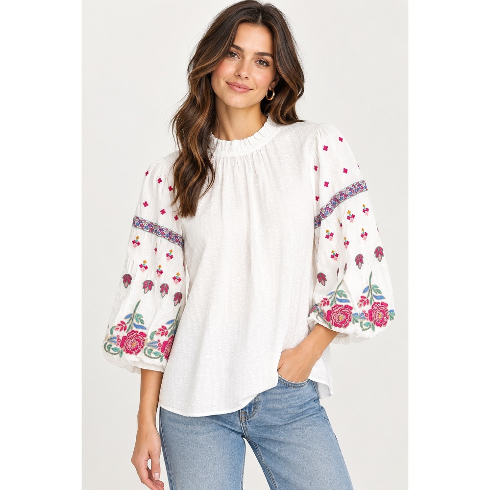 THML White Textured Floral Embroidered Puff Sleeve Boho Blouse Top Medium